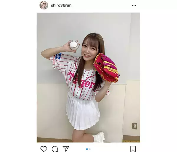 「NMB48 白間美瑠、ピンクのストライプユニフォームで阪神VS中日戦の始球式に登場！」の画像