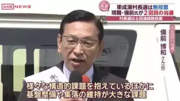 東成瀬村長選　現職の備前氏が無投票で再選　村長選は６回連続で無投票に　/秋田
