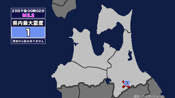【地震】青森県内で震度1 青森県三八上北地方を震源とする最大震度1の地震が発生 津波の心配なし