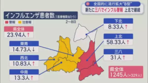 全国的に流行拡大“B型”　新たに三八でインフル警報　上北で継／青森県