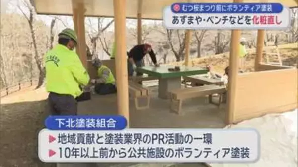 「気持ち良く『むつ桜まつり』楽しんで」　ボランティアがベンチなどを化粧直し