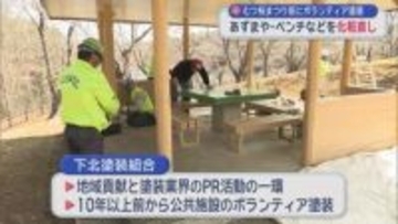 「気持ち良く『むつ桜まつり』楽しんで」　ボランティアがベンチなどを化粧直し