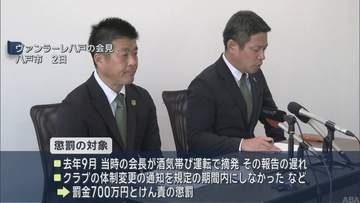 Ｊリーグ 「ヴァンラーレ八戸」に罰金700万円とけん責の懲罰を決定