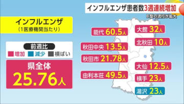 インフル、B型の流行拡大　前週比1.5倍に増加　能代・由利本荘・大館保健所管内は警報レベル超　秋田