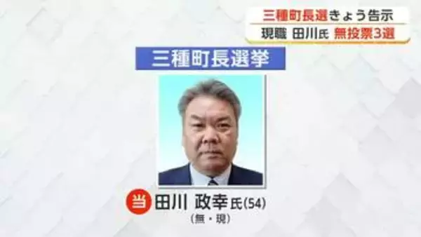 三種町長選挙　現職・田川政幸氏（54）が無投票で3選　秋田