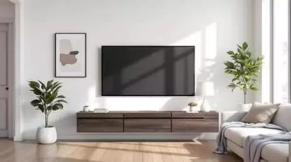 壁掛けテレビと組み合わせるフローティングボード。ユニット連結でレイアウト構築