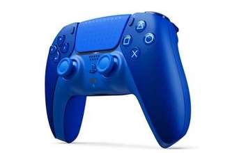 PS5コントローラにブルー＆ネイビーの限定色。背面に「プレイステーション」文字入り