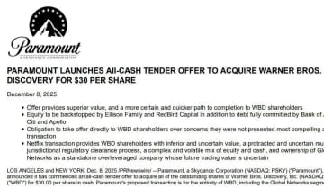 Paramount、米Warner買収に向けて株式公開買い付け。Netflixと争奪戦に