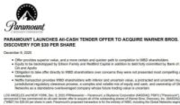 Paramount、米Warner買収に向けて株式公開買い付け。Netflixと争奪戦に