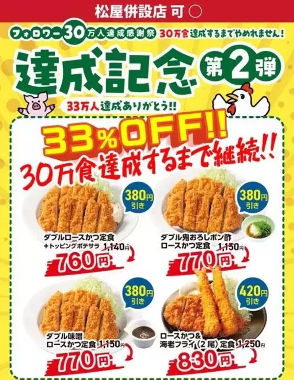 「松のや」最大33％オフクーポンの一部メニューが変更！クーポン終了まで残り約5万食に。