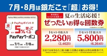 【築地銀だこ】大人気「夏の回数券」販売中。8の付く日、「PayPayクーポン」でさらにお得に。