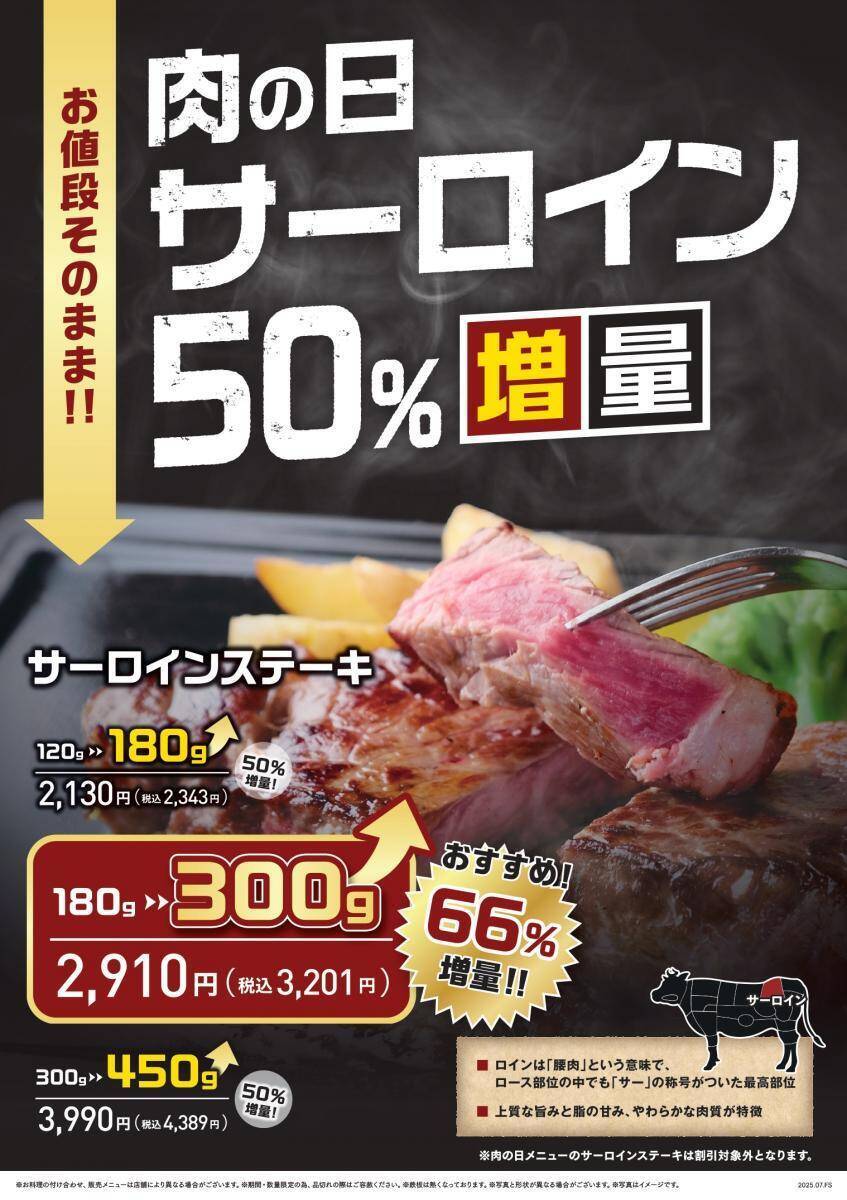 【肉の日】ステーキメニュー3種類が50%増量！「ステーキのあさくま」で6月27日・28日限定開催。