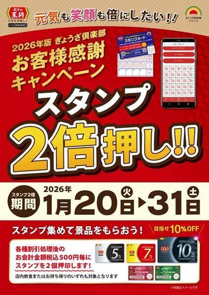 【餃子の王将】最大10％割引の会員カードもらえる「ぎょうざ倶楽部 お客様感謝キャンペーン」開催中！20日からはスタンプ2倍押し企画も。