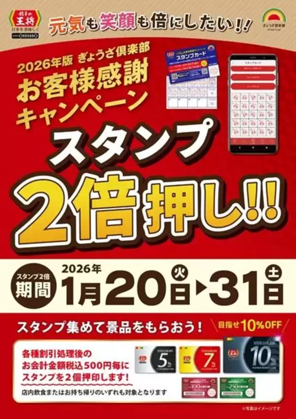 「【餃子の王将】最大10％割引の会員カードもらえる「ぎょうざ倶楽部 お客様感謝キャンペーン」開催中！20日からはスタンプ2倍押し企画も。」の画像