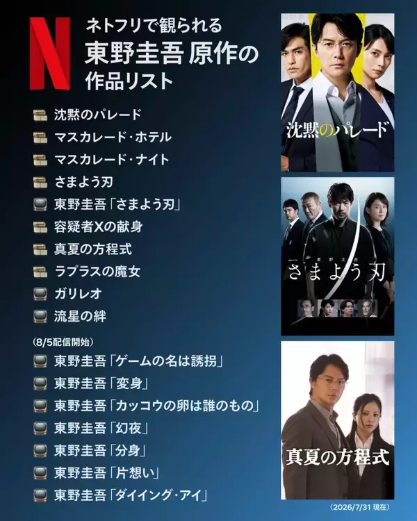 Netflixで配信している東野圭吾作品は？8月5日から新たに7作品が追加