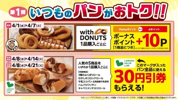 「【ローソンストア100】4月はずーっと"主食"がおトク！前半はパン、後半はごはんの2弾構成」の画像