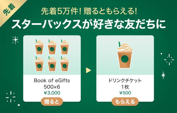 今ならスタバカードギフトがお得！3000円の注文で500円分のギフトもらえるよ♡