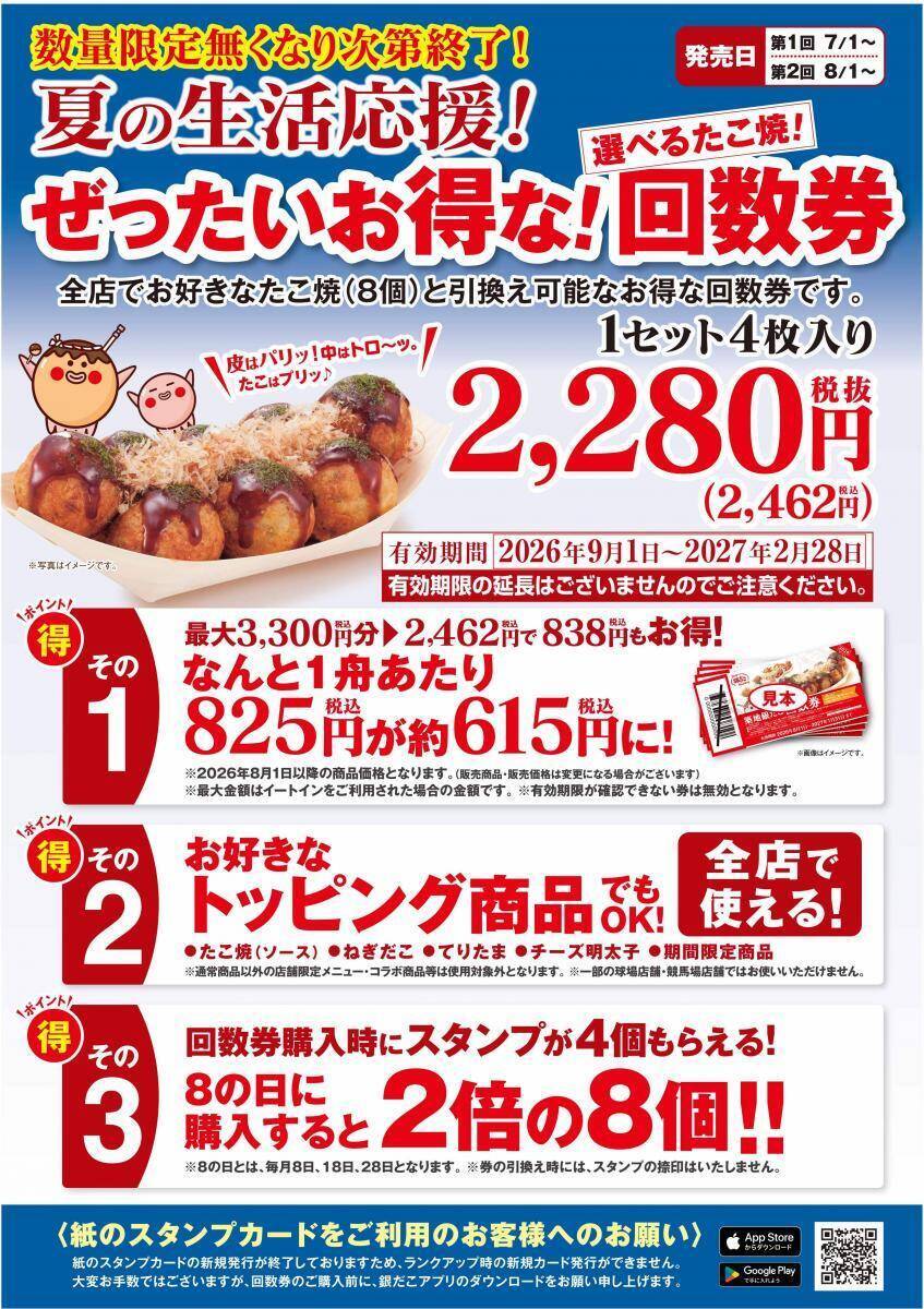 【築地銀だこ】"ぜったいお得"な夏の回数券を数量限定で販売！8月8日はスタンプ3倍＆PayPayクーポンでさらにお得♡