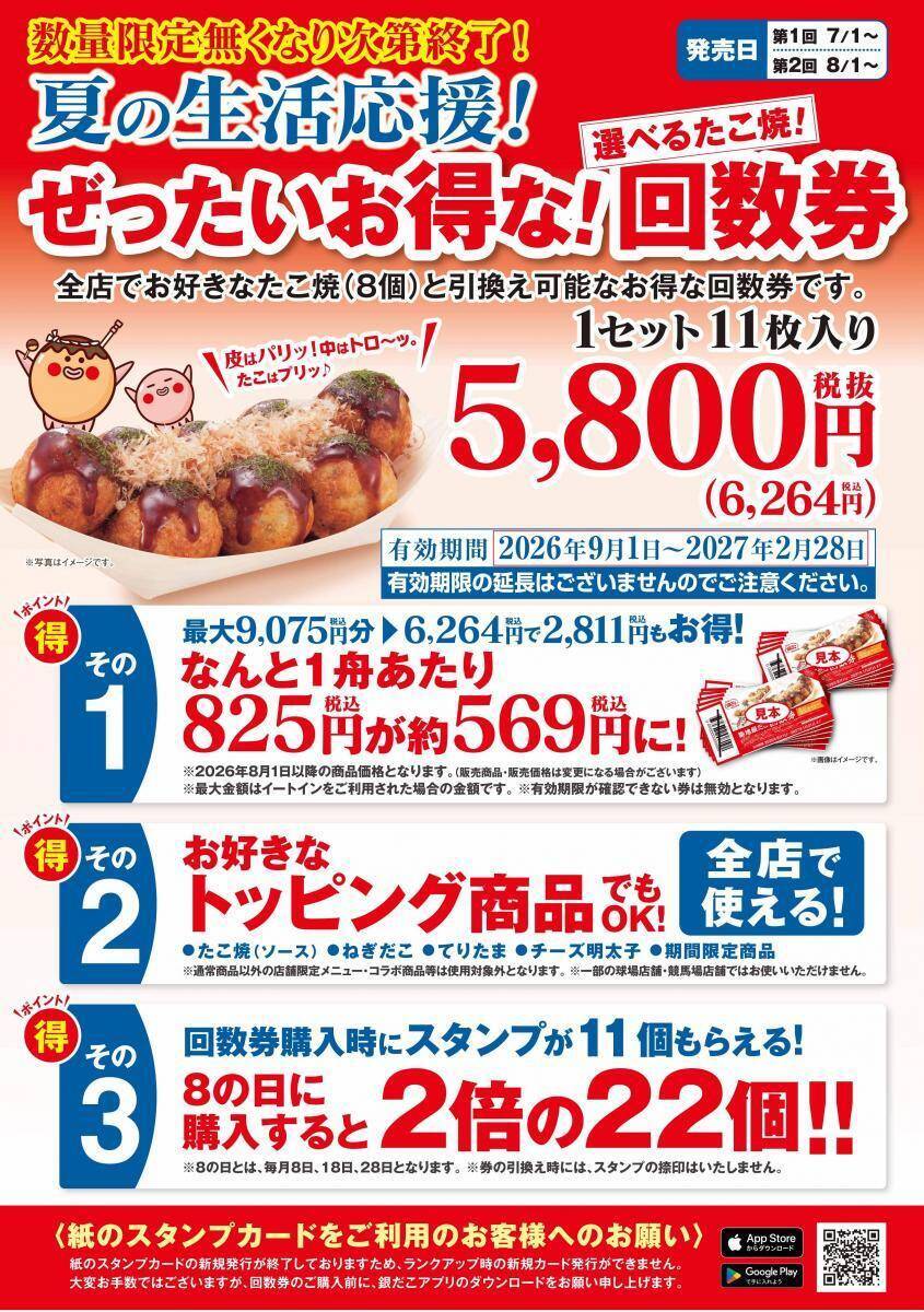【築地銀だこ】"ぜったいお得"な夏の回数券を数量限定で販売！8月8日はスタンプ3倍＆PayPayクーポンでさらにお得♡