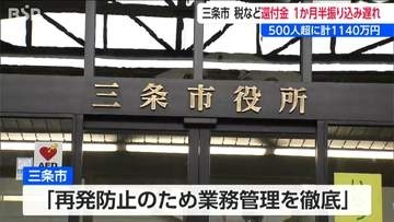 還付金振り込みがひと月半遅れる　市税・保険料など延べ539人に総額1140万円　新潟・三条市が発表