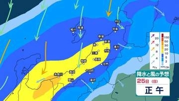 【 新潟の天気 】25日未明から激しい雨が降り大雨の所がある見込み　上越・下越・佐渡は24時間80ミリ予想　土砂災害に注意・警戒【29日(木)までの雨風シミュレーション・24日午後9時更新】
