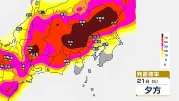 【東京首都圏】ゲリラ雷雨に注意…警報級大雨となる地域が拡大する可能性も　今後の雨風シミュレーション・発雷確率シミュレーション【気象庁21日16時19分発表】東京・神奈川・千葉・埼玉・茨城・栃木・群馬・山梨・長野