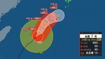 【台風情報】台風7号(メーカラー) 最大瞬間風速40m/sで北上中…本州上陸のおそれ　近畿・東海・関東にも影響　台風8号(ヒーゴス)の動きはどうなる？　進路予想・雨風シミュレーション【気象庁25日22時05分発表】