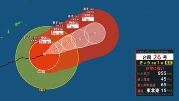 台風情報】最大瞬間風速 65m/s・中心気圧955 hPa…非常に強い「台風26号（スリゲ）」東北東に進む…今後、本州に影響の可能性　進路予想・日にかけての雨風シミュレーション【気象庁28日12時45分発表】