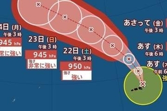 【台風情報】最大瞬間風速60m/s・中心気圧945hPa予想「台風18号(ソウデル)」は“非常に強い勢力”で週明け日本に接近か　進路予想・今後の雨風シミュレーション【気象庁19日18時45分発表】