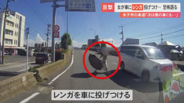 【犯行の瞬間】交差点で、車にレンガを投げつけて壊す…無職の女を逮捕　「財布かと思ったらまさかレンガ」目撃者恐怖語る