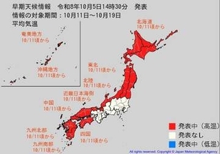 日本の広い範囲で10月11日頃から「この時期としては10年に1度程度しか起きないような著しい高温」となる可能性が高まっている…気象庁が「高温に関する早期天候情報」発表【北海道・東北・北陸・近畿・中国・四国・九州・奄美・沖縄】