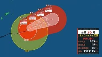 【台風情報】最大瞬間風速 65m/s・中心気圧955 hPa　「台風26号（スリゲ）」非常に強い勢力で東北東に進む…暴風域を伴ったまま関東に接近の可能性も　進路予想・10月8日にかけての雨風シミュレーション【気象庁28日14時45分発表】