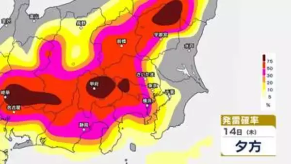 【関東甲信】14日も天気急変のおそれ…ゲリラ雷雨に注意　雨風と発雷確率のシミュレーション【東京・神奈川・埼玉・千葉・群馬・栃木・茨城・山梨・長野】