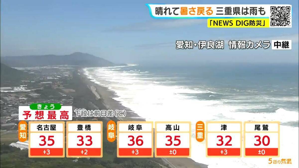 三重南部を中心に夜から雨に… 予想最高気温は名古屋35℃ 岐阜36℃ 津32℃ 愛知･岐阜･三重の天気予報（8/5 昼）