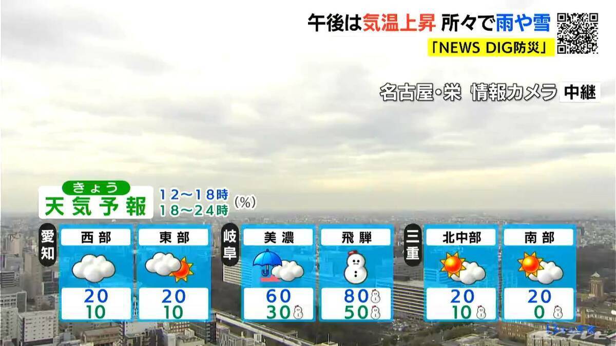 午後は岐阜県の山間部を中心に雪や雨が降る予想 愛知･三重は夕方にかけて所々で雨が降る見込み 愛知･名古屋･岐阜･三重の天気予報（1/13 昼）