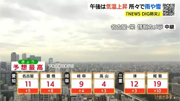 「午後は岐阜県の山間部を中心に雪や雨が降る予想 愛知･三重は夕方にかけて所々で雨が降る見込み 愛知･名古屋･岐阜･三重の天気予報（1/13 昼）」の画像