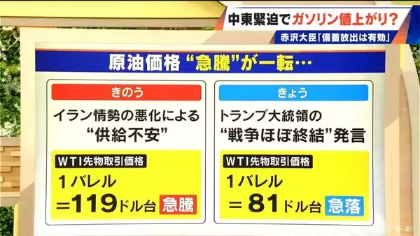 「トランプ大統領“戦争ほぼ終結”発言で原油先物が激しい値動き 中東情勢緊迫でガソリン価格どうなる？石油の備蓄放出は【大石邦彦解説】」の画像