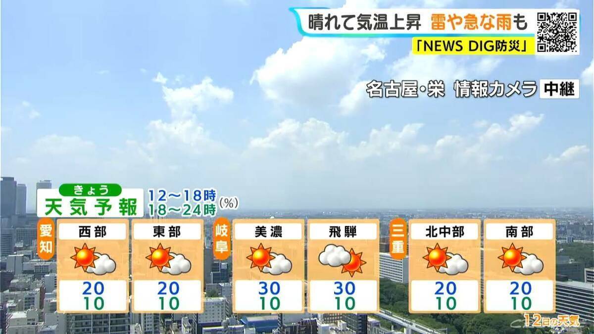 東海地方は広く晴れるも雷や急な雨に注意 予想最高気温は名古屋･岐阜で30℃ 愛知･岐阜･三重の天気予報（6/12 昼）