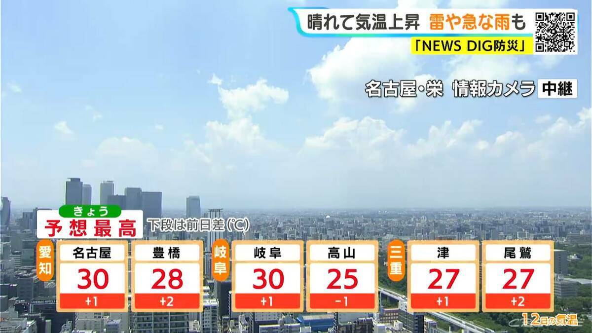 東海地方は広く晴れるも雷や急な雨に注意 予想最高気温は名古屋･岐阜で30℃ 愛知･岐阜･三重の天気予報（6/12 昼）