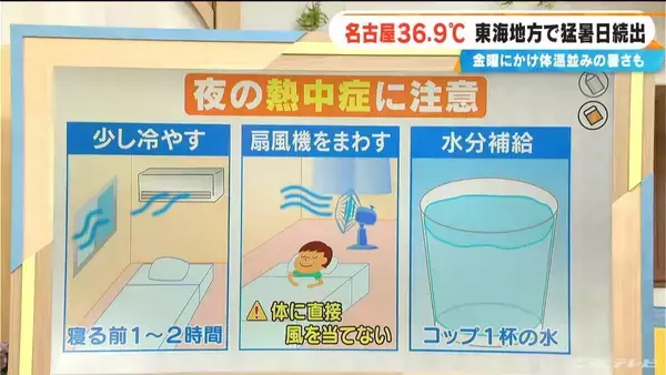 「東海地方で猛暑日続出 名古屋の最高気温36.9℃  夜の熱中症にも注意 寝る前にはコップ1杯の水を」の画像