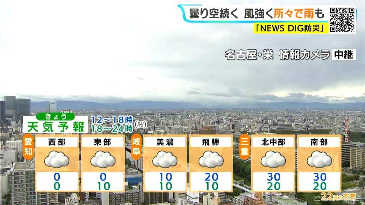 東海地方は所々で雨 夜にかけて強い風続く 予想最高気温は名古屋29℃ 岐阜･津28℃ 愛知･岐阜･三重の天気予報（6/22 昼）