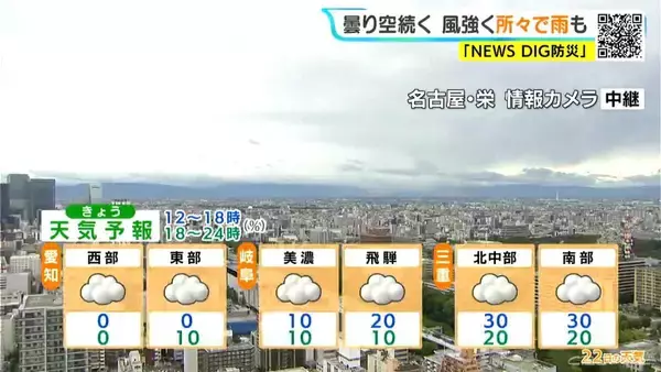 「東海地方は所々で雨 夜にかけて強い風続く 予想最高気温は名古屋29℃ 岐阜･津28℃ 愛知･岐阜･三重の天気予報（6/22 昼）」の画像