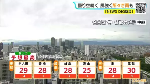 「東海地方は所々で雨 夜にかけて強い風続く 予想最高気温は名古屋29℃ 岐阜･津28℃ 愛知･岐阜･三重の天気予報（6/22 昼）」の画像