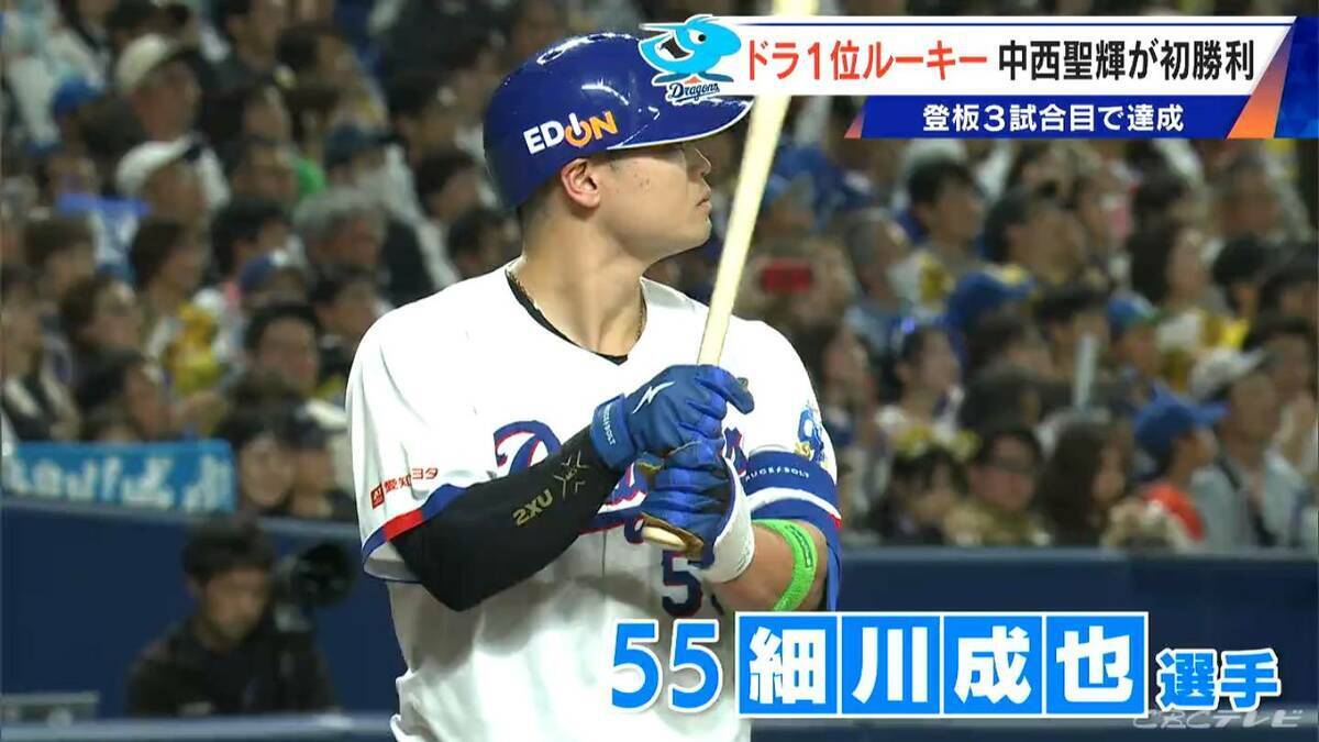 ドラゴンズ ドラフト1位ルーキー中西聖輝投手（22）初勝利 細川選手･石伊選手がホームランで強力援護 登板3試合目で達成