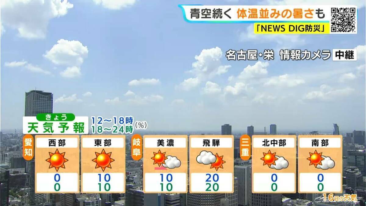 予想最高気温は名古屋･岐阜で37℃ 津36℃ 飛騨地方では夕方以降に所々で雨 愛知･岐阜･三重の天気予報（7/16 昼）