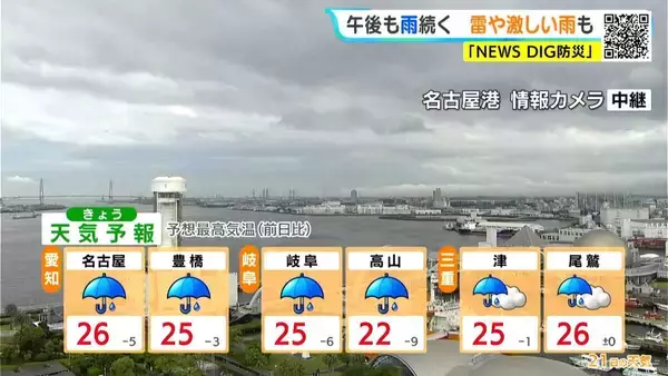 「東海地方 あす･あさっては晴れ間も…所々で雨 きょう午後も激しい雨に注意 最新の雨シミュレーション 愛知･名古屋･岐阜･三重の天気予報（5/21 昼）」の画像