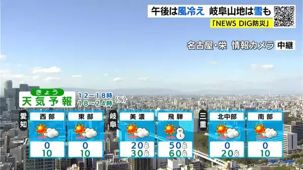 「夕方以降は岐阜の山地や三重北中部で雪 予想最高気温は名古屋･岐阜で13℃ 津で14℃ 愛知･岐阜･三重の天気予報（2/18 昼）」の画像