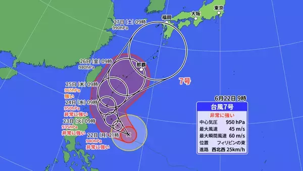 【台風情報】台風7号｢メーカラー｣ 非常に強い勢力まで発達 梅雨前線を刺激し“大雨”おそれ？ルートは？進路予想・雨･風シミュレーション