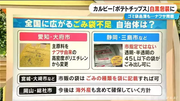 「全国に広がる“ゴミ袋不足”への不安 指定でない袋でもOKな自治体も… カルビー｢ポテトチップス｣は白黒包装に ナフサ問題」の画像