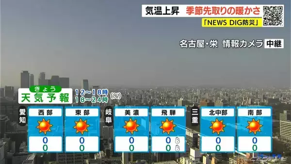 「予想最高気温は名古屋･岐阜･津で15℃ あすも3月中旬～4月上旬並みの暖かさに 黄砂に注意 愛知･岐阜･三重の天気予報（1/16 昼）」の画像